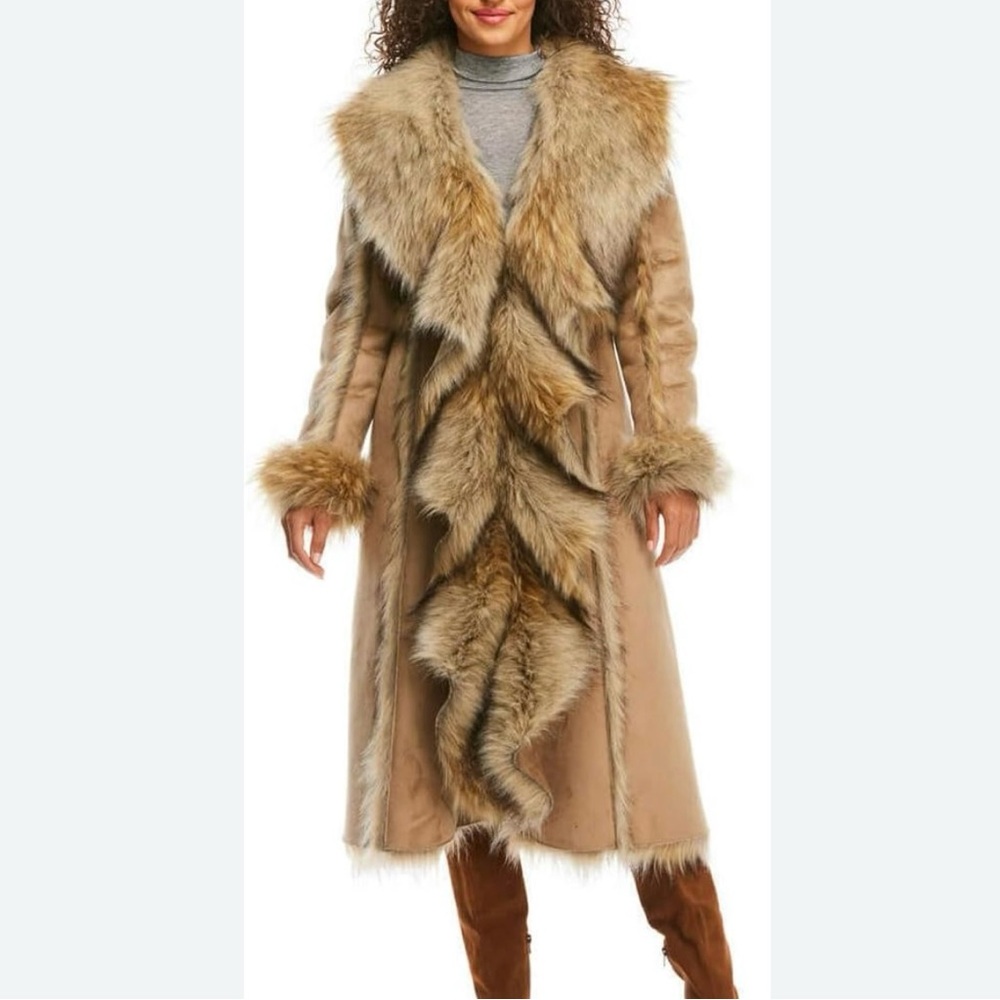Donna Salyers Fabulous Furs Full Length Cascade Faux Wolf Coat Size L NWT
